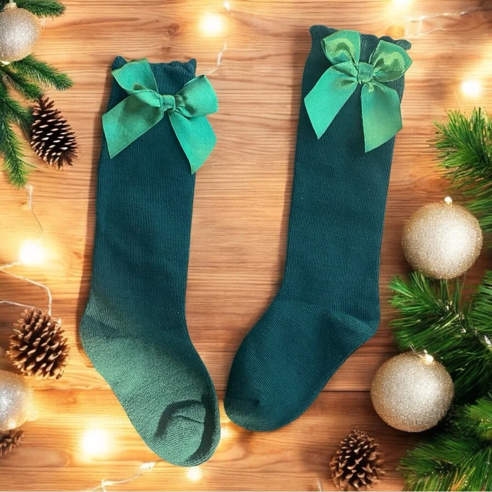 Kids Green Knee High Socks With Bow